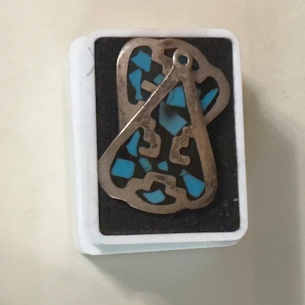 Vintage Mexican Sterling‎ Silver Turquoise Inlay Dangle Earrings .925